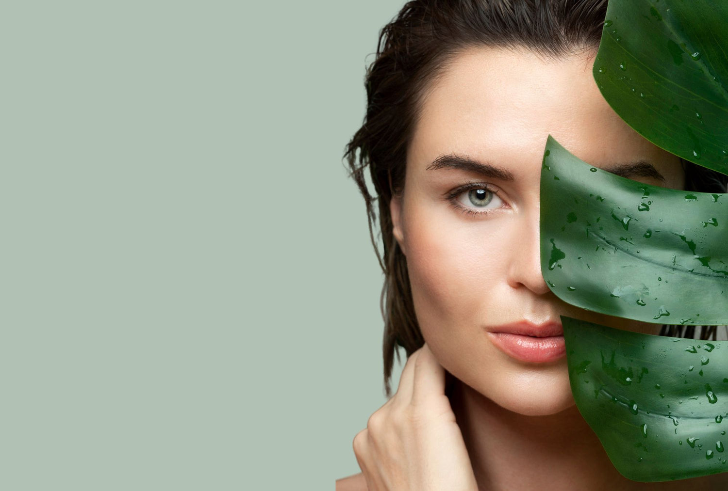 Close-up of a woman with natural, glowing skin behind a green leaf, representing natural beauty and rejuvenating skincare products.