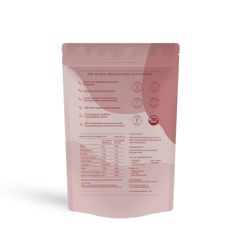 A picture of the back of a pouch containing Micro Wholefoods All Natural &amp; Organic Astaxanthin Powder 100g. 
