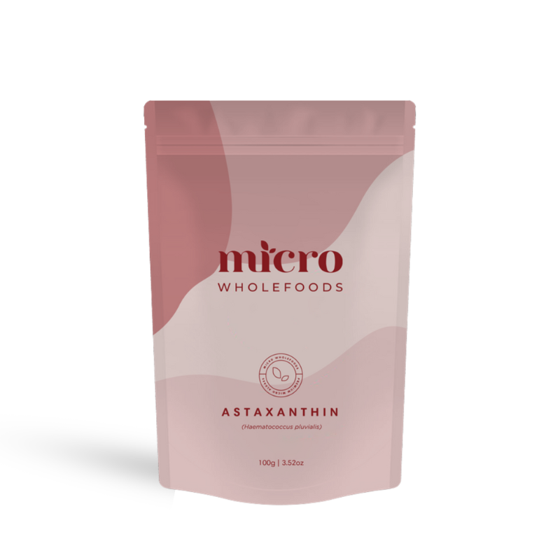 A picture of the front of a pouch containing Micro Wholefoods All Natural &amp; Organic Astaxanthin Powder 100g. 