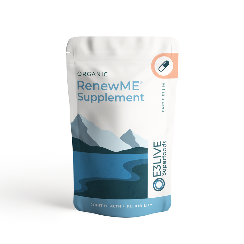 A close-up view of a pouch containing 60 capsules of RenewME dietary supplement. The label on the pouch shows the product name, and the capsules are vibrant green in color.